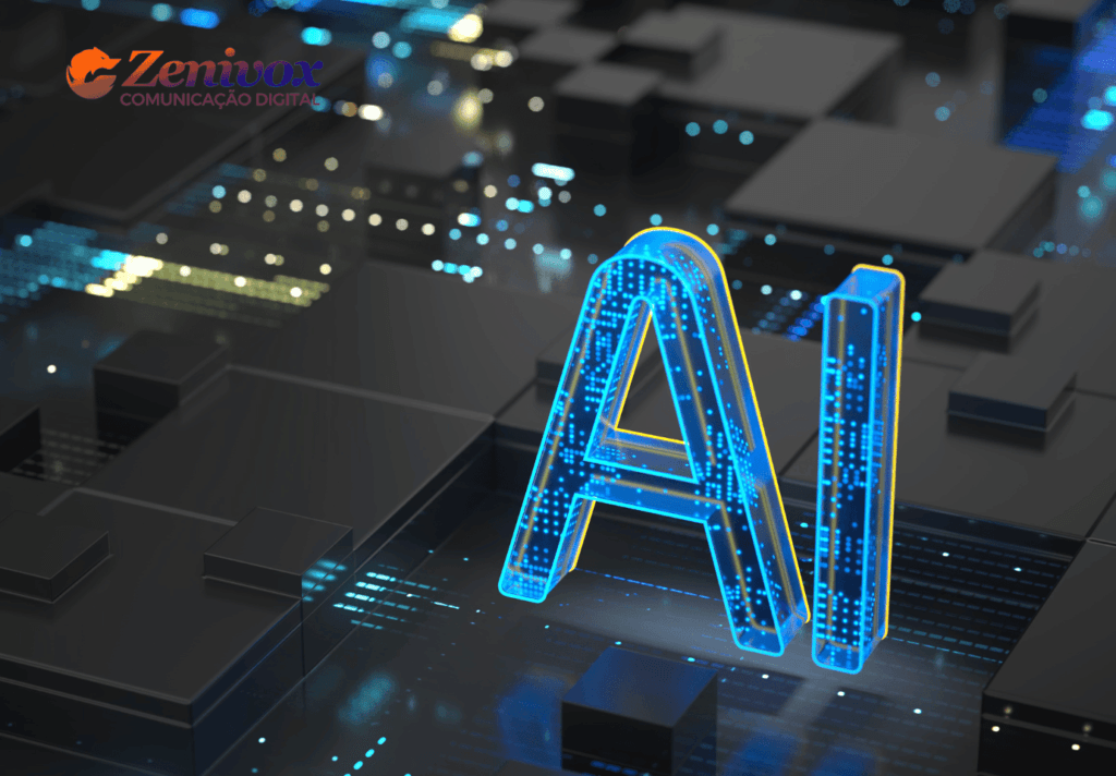 Imagem futurista com o texto 'AI' destacado em azul brilhante sobre um fundo digital, representando a aplicação de inteligência artificial no marketing digital. Logotipo da Zenivox Comunicação Digital no canto superior esquerdo.
