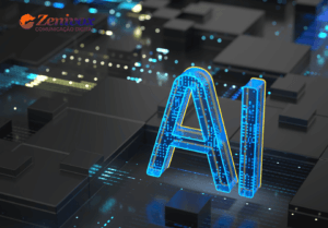 Imagem futurista com o texto 'AI' destacado em azul brilhante sobre um fundo digital, representando a aplicação de inteligência artificial no marketing digital. Logotipo da Zenivox Comunicação Digital no canto superior esquerdo.
