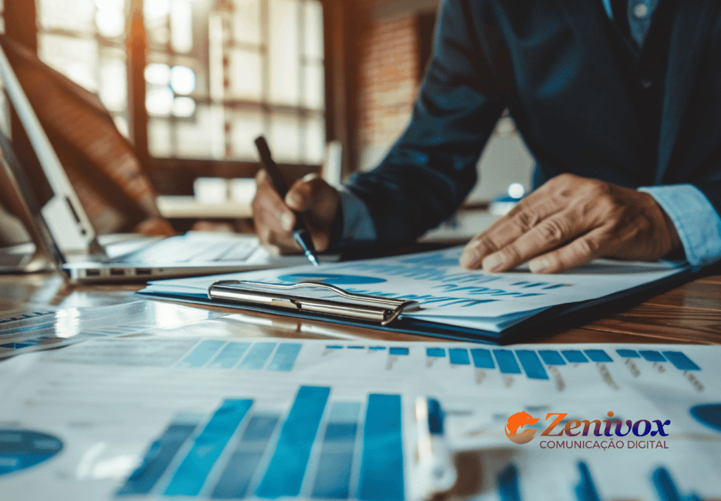 Profissional analisando gráficos e relatórios em uma mesa de trabalho, com o logotipo da Zenivox Comunicação Digital no canto inferior direito. A imagem destaca a importância da análise de dados para a tomada de decisões estratégicas no contexto de vendas e marketing digital.