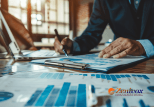 Profissional analisando gráficos e relatórios em uma mesa de trabalho, com o logotipo da Zenivox Comunicação Digital no canto inferior direito. A imagem destaca a importância da análise de dados para a tomada de decisões estratégicas no contexto de vendas e marketing digital.