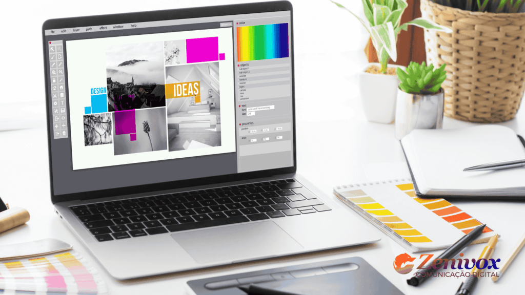 A importancia do design no marketing digital sendo mostrado em uma tela com ideas de formas e cores em uma tela