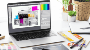 A importancia do design no marketing digital sendo mostrado em uma tela com ideas de formas e cores em uma tela