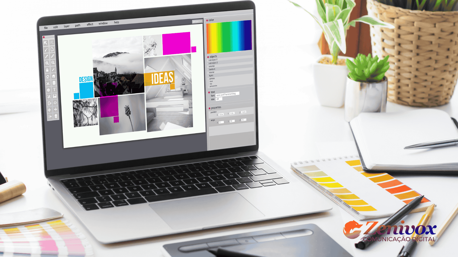 A importancia do design no marketing digital sendo mostrado em uma tela com ideas de formas e cores em uma tela