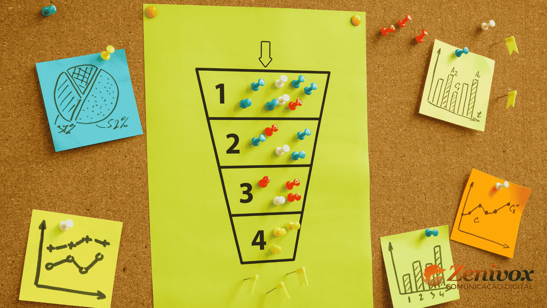 Desenho em folha amarela de um funil em um quado com post it e alfinetes