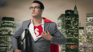 Um vendedor heroico andando com orgulho para encontrar seu time de vendas vencedor.