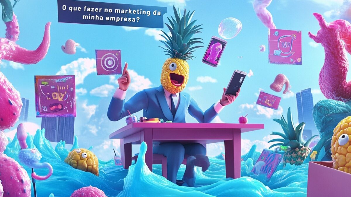 Ilustração surreal de um homem de terno com cabeça de abacaxi sentado à mesa sob uma onda, cercado por elementos cor-de-rosa, representando inovação e criatividade no marketing empresarial.