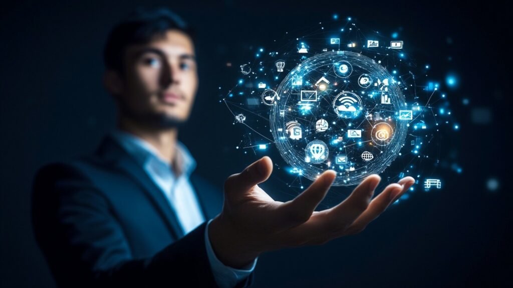 Homem de terno segurando um globo moderno com conexões digitais, simbolizando a rede de contatos e a influência das redes sociais na advocacia