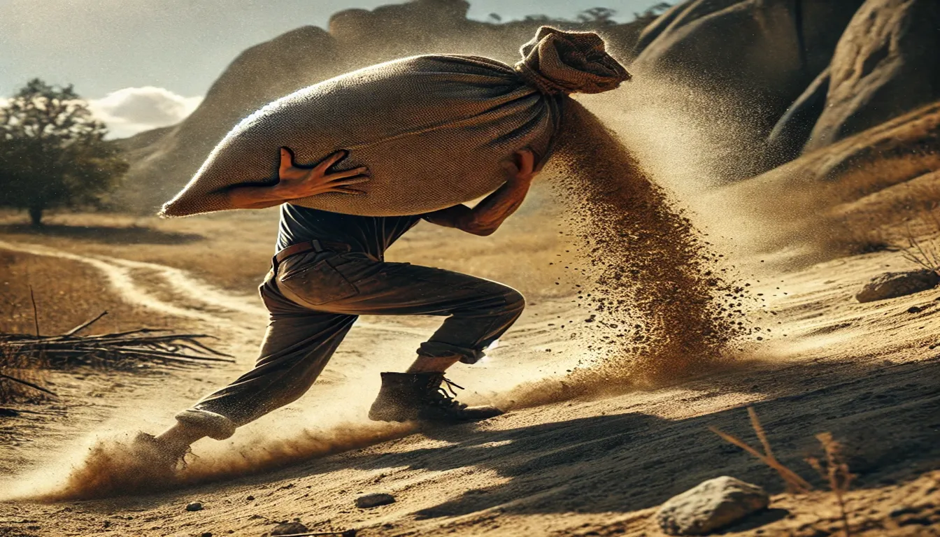 Pessoa carregando um saco furado de areia, simbolizando os erros ao tentar gerar leads, onde esforços e recursos se perdem por estratégias ineficazes