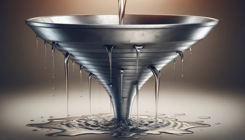 Funil metálico com rachaduras no meio, vazando água, representando a falta de definição clara do público-alvo e o desperdício de recursos em estratégias mal direcionadas