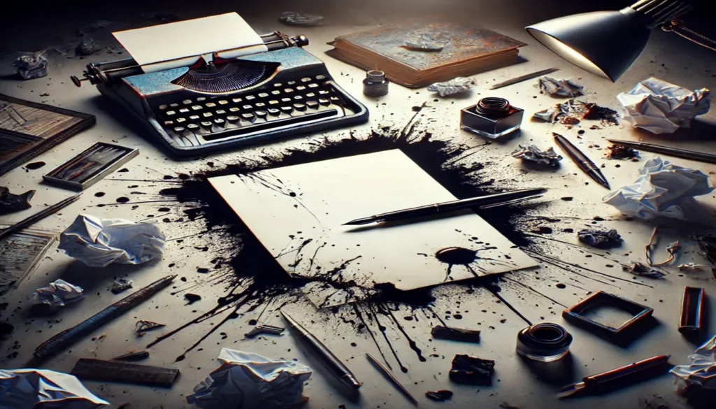 Uma página em branco sobre uma mesa bagunçada, cercada por uma caneta quebrada e manchas de tinta, simbolizando a falta de geração de conteúdo de qualidade