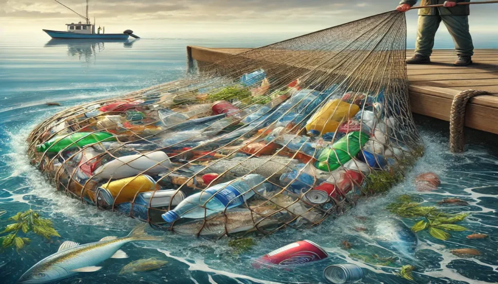 Rede de pesca cheia de detritos, como plásticos e latas, simbolizando o impacto de não qualificar os leads de forma adequada, resultando em esforços desperdiçados e resultados insatisfatórios.