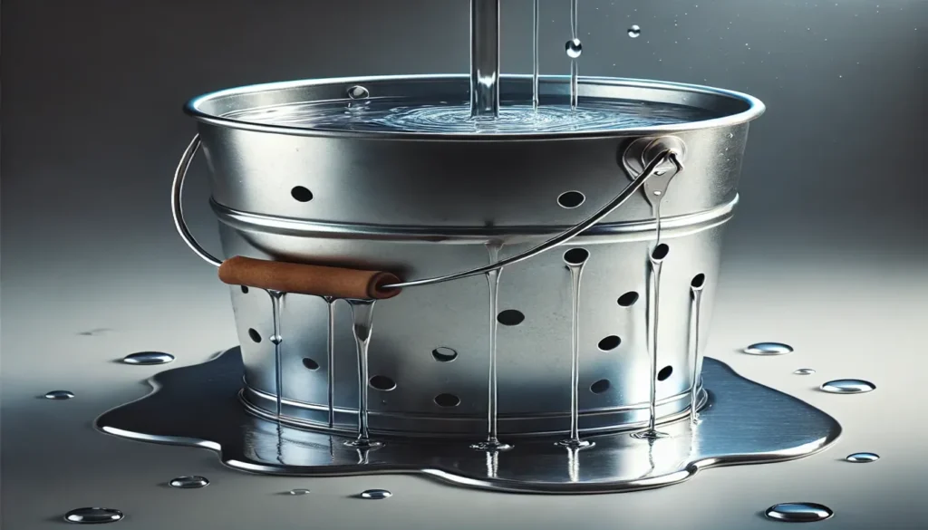 Balde metálico com diversos furos vazando água lentamente, simbolizando as perdas e desperdícios causados por ignorar o follow-up adequado no processo de vendas.
