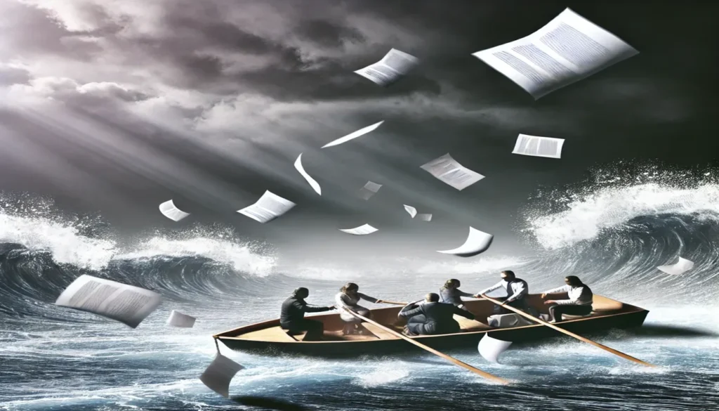 Pessoas em um barco navegando por um mar tempestuoso, enquanto papéis e relatórios voam ao vento, simbolizando os desafios e as consequências de não utilizar os dados corretamente.