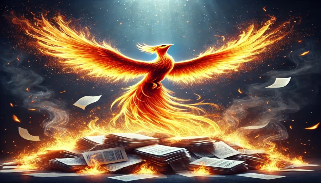 Uma fênix renascendo de uma pilha de relatórios queimados, simbolizando a superação e o aprendizado a partir dos erros ao tentar gerar leads.