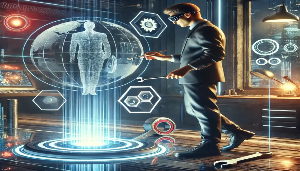 Futurista ajustando um modelo holográfico de negócios com ferramentas, representando como implantar a Receita Previsível.