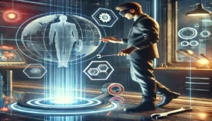 Futurista ajustando um modelo holográfico de negócios com ferramentas, representando como implantar a Receita Previsível.