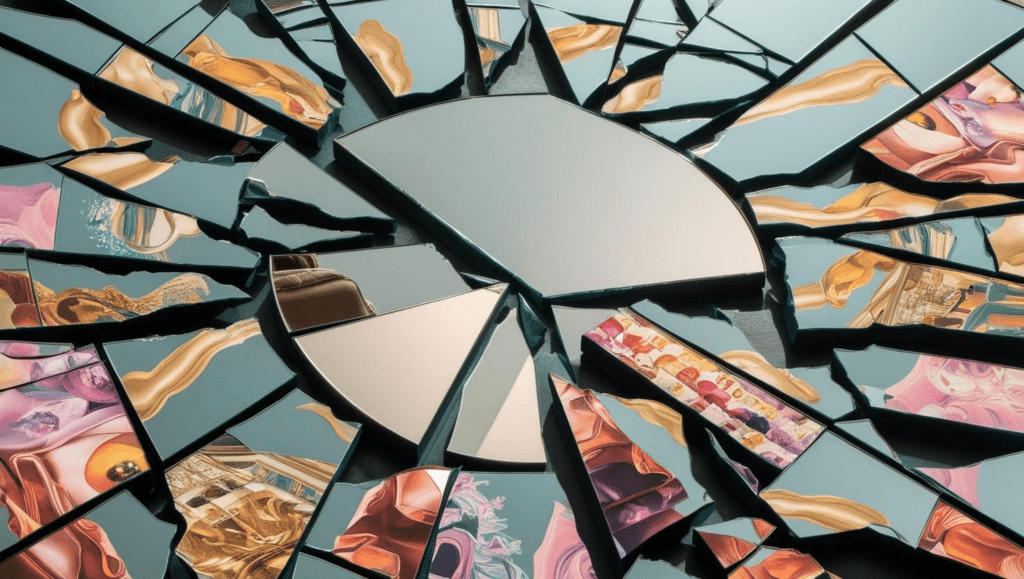 Imagem um espelho quebrado refletindo em múltiplas direções, simbolizando a pergunta o que motiva as pessoas a comprar