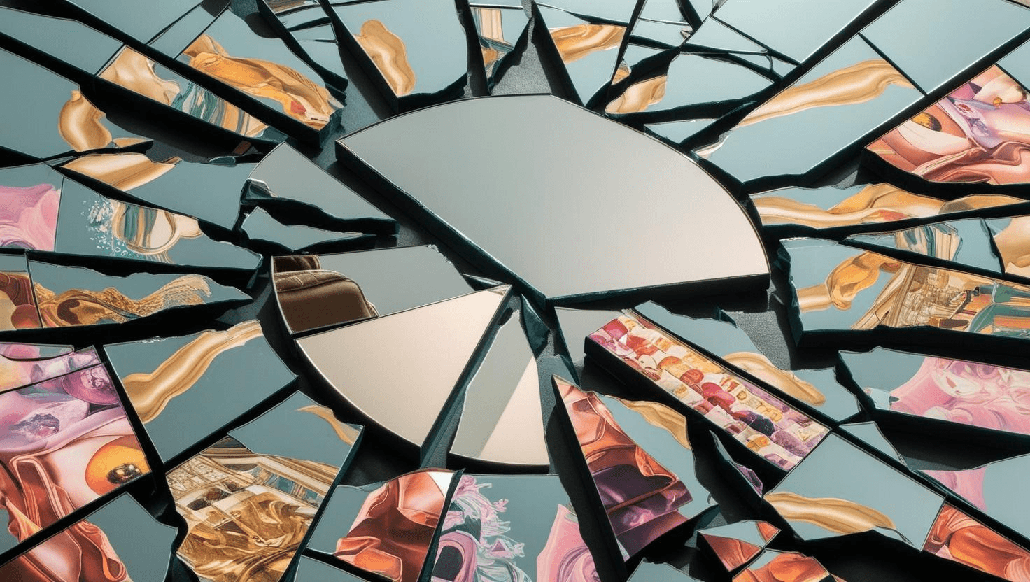 Imagem um espelho quebrado refletindo em múltiplas direções, simbolizando a pergunta o que motiva as pessoas a comprar