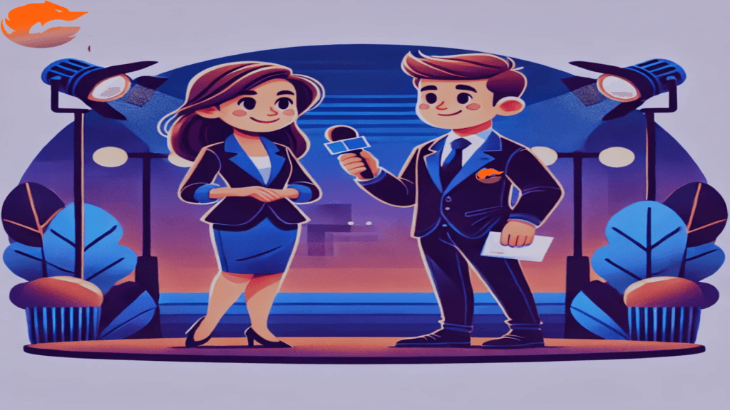 Ilustração em estilo cartunesco mostrando um jornalista entrevistando um homem, ambos de pé, em tons predominantes de azul escuro, roxo e laranja. A cena captura o momento em que informações são coletadas para entender melhor o público-alvo, representando simbolicamente o processo de construção de buyer personas.