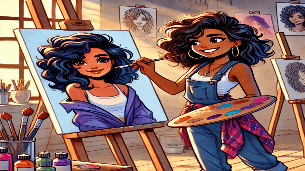 Ilustração de uma mulher em estilo cartunesco, focada em desenhar a imagem de uma persona em um estúdio criativo
