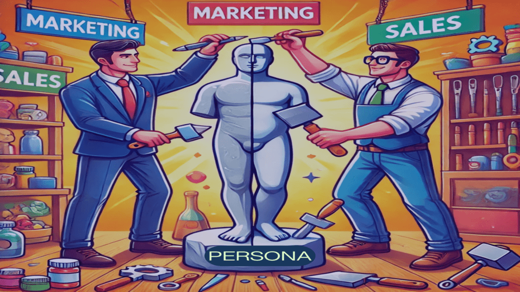Uma ilustração vibrante em estilo cartunesco mostrando duas figuras colaborando para esculpir uma estátua que representa um cliente ideal. À esquerda, um personagem de “Marketing”, bem vestido, segura um pincel e ferramentas criativas, enquanto à direita, o personagem de “Vendas”, em trajes casuais, usa martelo e cinzel. A base da estátua está marcada com a palavra "Persona". Ao fundo, há prateleiras repletas de ferramentas e itens criativos, simbolizando o processo estratégico de moldar e entender as personas