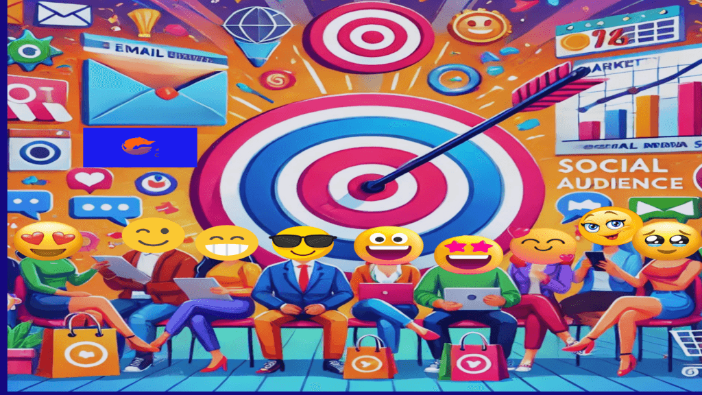 Uma ilustração vibrante em estilo cartunesco que representa uma campanha de marketing e vendas bem-sucedida. No centro, um grande alvo com uma flecha acertando o centro simboliza o impacto perfeito em atingir o alvo público. Ao redor, diversas pessoas felizes representam clientes satisfeitos, conectados por ícones de mídia social, gráficos de crescimento e elementos como sacolas de compras, um envelope de e-mail e balões de diálogo, simbolizando estratégias de marketing digital. O ambiente transmite sucesso e conexão com o público, com cores vibrantes e confetes ao fundo.