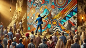 Homem em terno pintando um mural contemporâneo em uma caverna, distribuído por uma multidão diversificada, destacando o marketing design: saiba como usar o storytelling visual