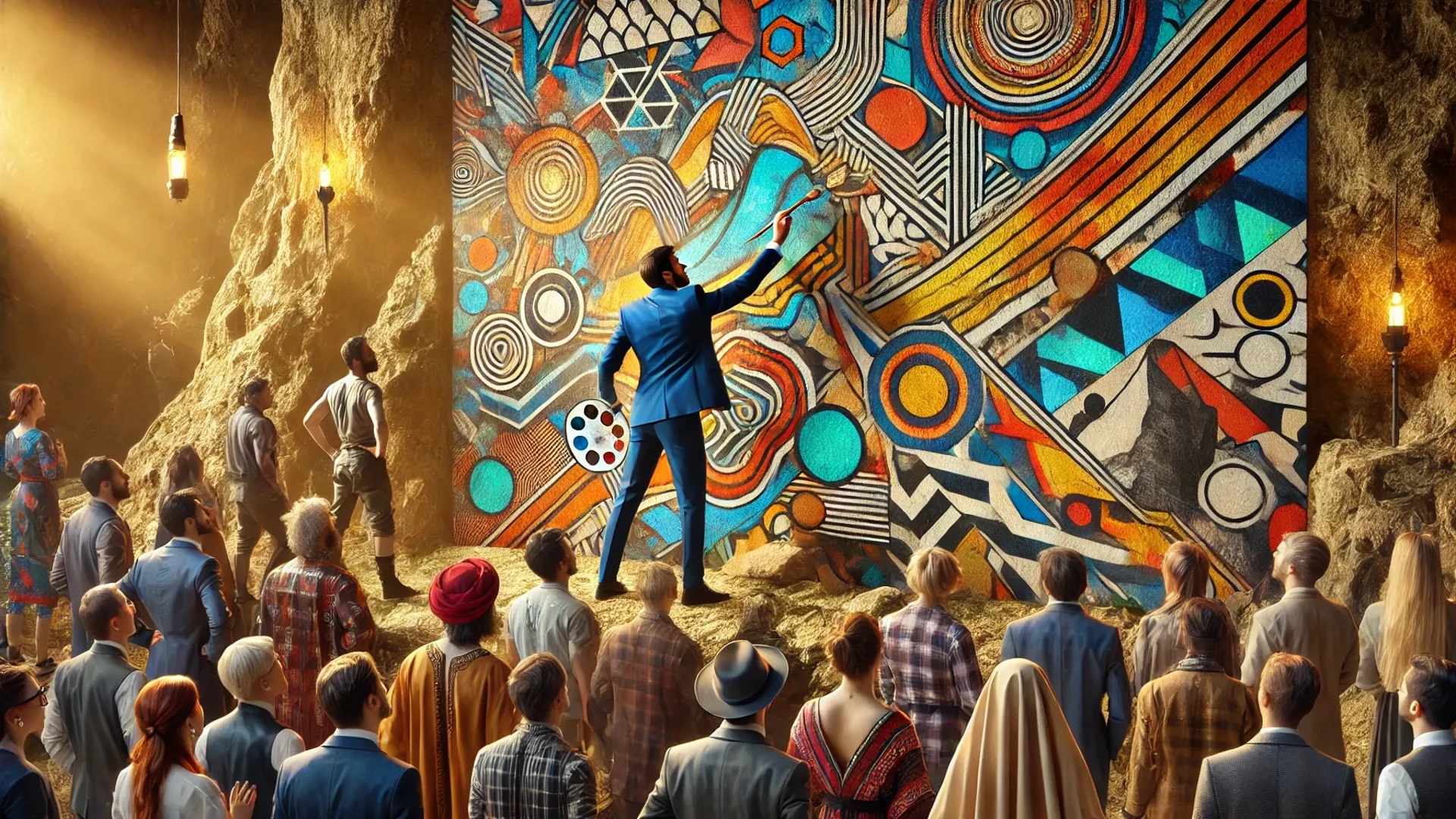 Homem em terno pintando um mural contemporâneo em uma caverna, distribuído por uma multidão diversificada, destacando o marketing design: saiba como usar o storytelling visual