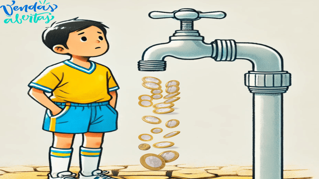 Ilustração de um menino com o uniforme da seleção brasileira olhando para uma torneira, de onde caem moedas, representando uma perda ou vazamento de recursos financeiros, simbolizando que seu time de vendas não está performando