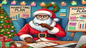Imagem de Papai Noel sentado à mesa, rodeado por decorações natalinas, com um laptop e gráficos de marketing. Ele segura uma caneta enquanto escreve em um caderno, transmitindo a ideia de planejar as melhores estratégias de marketing para vender mais em Natal. Ao fundo, um painel de plano de marketing decorado com post-its e gráficos coloridos reforça o tema do planejamento estratégico.