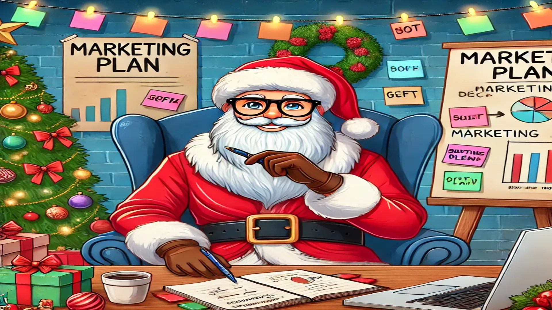 Imagem de Papai Noel sentado à mesa, rodeado por decorações natalinas, com um laptop e gráficos de marketing. Ele segura uma caneta enquanto escreve em um caderno, transmitindo a ideia de planejar as melhores estratégias de marketing para vender mais em Natal. Ao fundo, um painel de plano de marketing decorado com post-its e gráficos coloridos reforça o tema do planejamento estratégico.