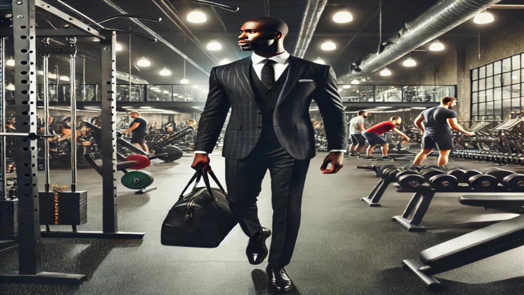 Um homem elegante, usa um terno preto sofisticado, caminha em uma academia moderna e bem iluminada, carregando uma bolsa de couro. Essa cena simboliza importância dos KPIs é semelhante ao processo de musculação para verificar se suas campanhas de marketing estão funcionando.