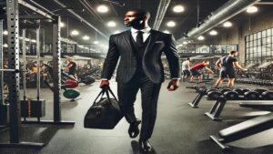 Um homem elegante, usa um terno preto sofisticado, caminha em uma academia moderna e bem iluminada, carregando uma bolsa de couro. Essa cena simboliza importância dos KPIs é semelhante ao processo de musculação para verificar se suas campanhas de marketing estão funcionando.