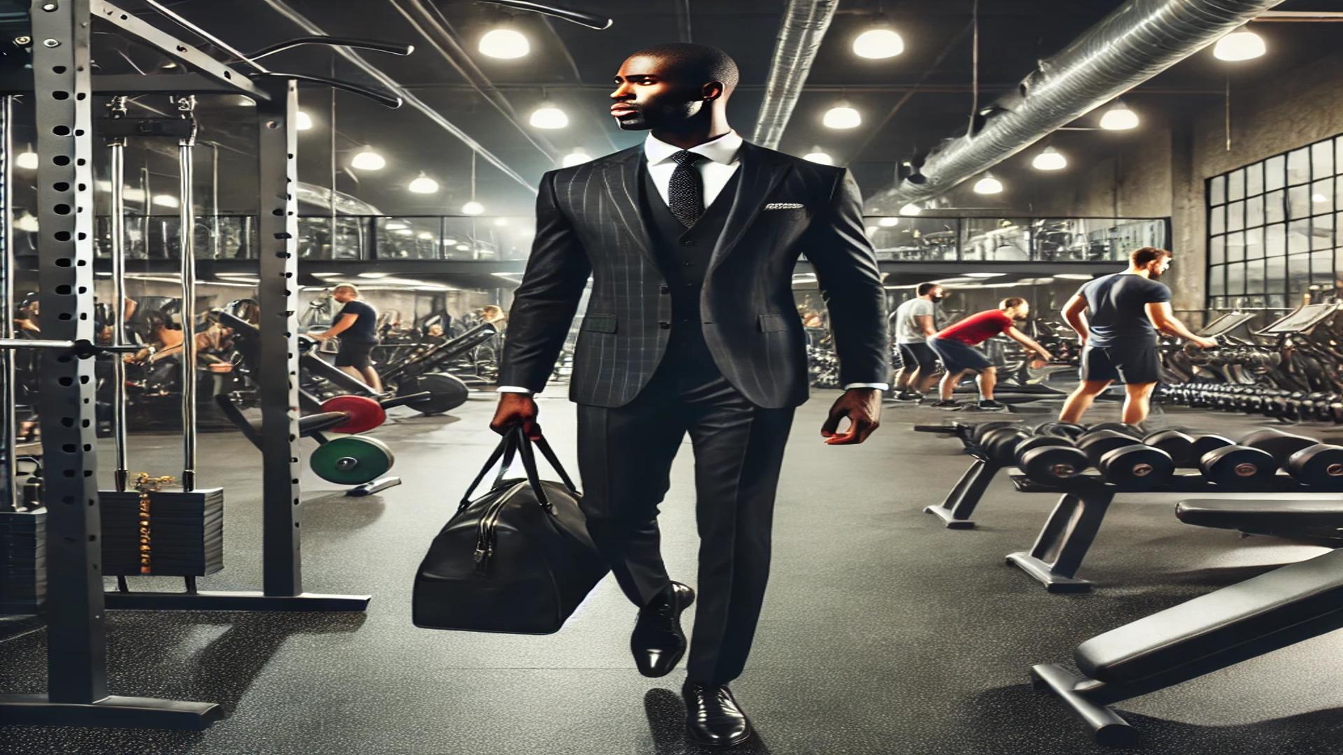 Um homem elegante, usa um terno preto sofisticado, caminha em uma academia moderna e bem iluminada, carregando uma bolsa de couro. Essa cena simboliza importância dos KPIs é semelhante ao processo de musculação para verificar se suas campanhas de marketing estão funcionando.