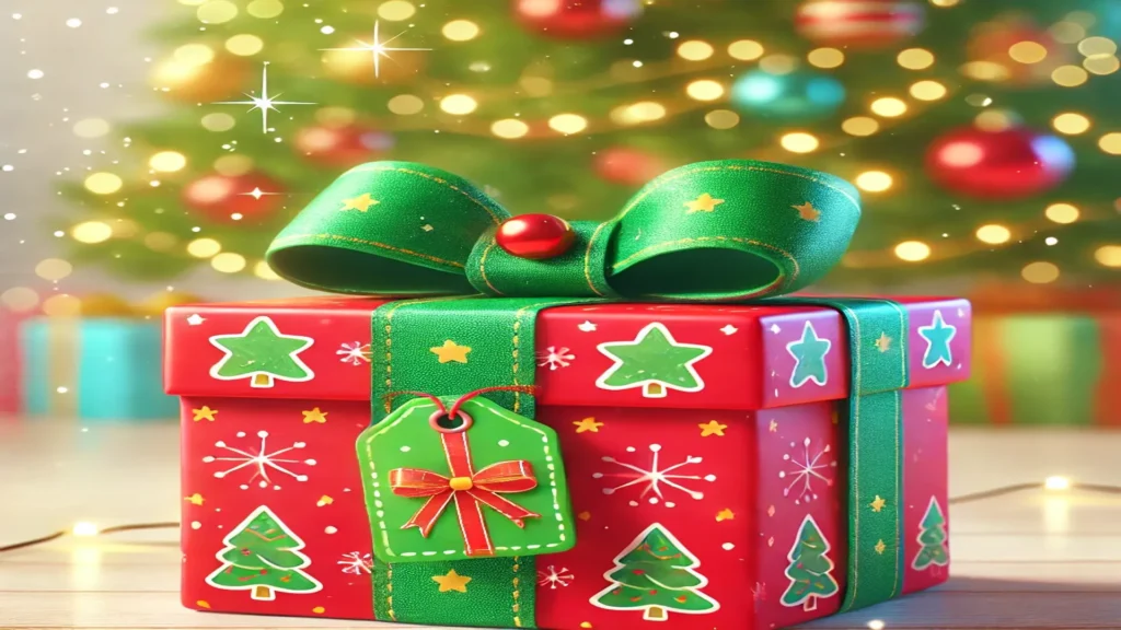 Presente de Natal colorido com laço verde brilhante e detalhes de estrelas douradas, em frente a uma árvore de Natal iluminada ao fundo, simbolizando o espírito festivo e a emoção das compras natalinas