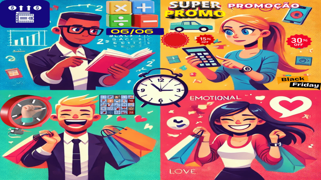 Uma ilustração colorida e divertida, dividida em quatro quadrantes, representando diferentes tipos de clientes em uma época de compras. No primeiro quadrante, um homem calculista analisa um caderno e gráficos matemáticos, simbolizando clientes focados em custos. No segundo quadrante, uma mulher segura uma calculadora enquanto observa ofertas e promoções, baixe o perfil de quem busca descontos. No terceiro quadrante, um homem e sorridente carrega sacolas de compras enquanto olha para o relógio, representando clientes apressados. No quarto quadrante, uma mulher segura, sacolas e sorri apaixonadamente, simbolizando clientes entusiasmados e engajados. Os fundos de cada seção possuem ícones temáticos como relógios, corações e etiquetas de promoções, destacando as características de cada tipo de cliente.