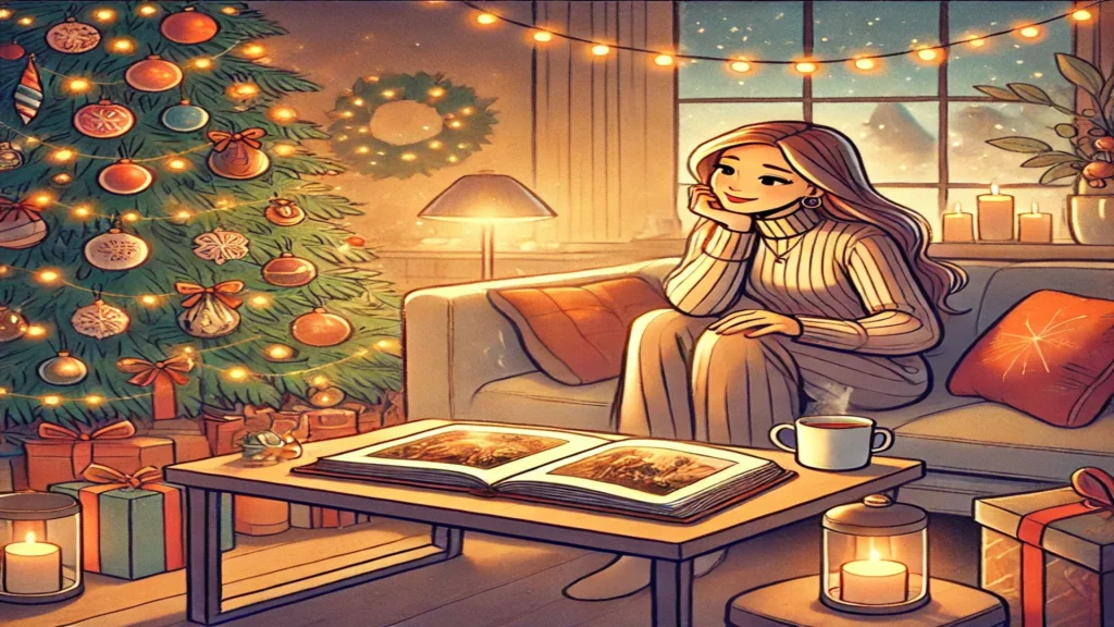 Ilustração de uma mulher em um ambiente aconchegante, decorado para o Natal, segurando um álbum de fotos e relembrando momentos especiais. O cenário transmite uma atmosfera nostálgica e festiva, ideal para exemplificar estratégias nostálgicas de marketing para vender mais no natal