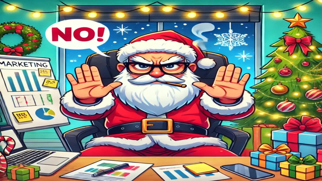 Ilustração cartunesca do Papai Noel sentado em uma mesa, cercado por decorações natalinas como uma árvore de Natal, luzes e presentes. Ele parece nervoso e está gesticulando com as mãos em um gesto de negação, como se estivesse proibindo algo. O ambiente inclui gráficos de marketing, post-its e um laptop, sugerindo um cenário corporativo e festivo ao mesmo tempo. Simbolizando estratégias éticas de marketing para vender mais no natal