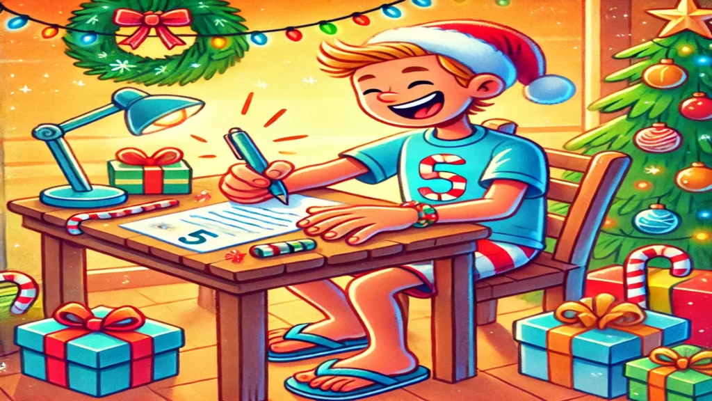 Ilustração cartunesca de um jovem alegre escrevendo cartas em um ambiente decorado para o Natal. O personagem veste roupas casuais de verão, incluindo uma camiseta azul com estampa festiva e chinelos. Ele está sentado em uma mesa cercada por presentes embrulhados, bengalas doces e uma árvore de Natal decorada. O clima é iluminado e acolhedor, transmitindo o espírito de reciprocidade e alegria natalina.