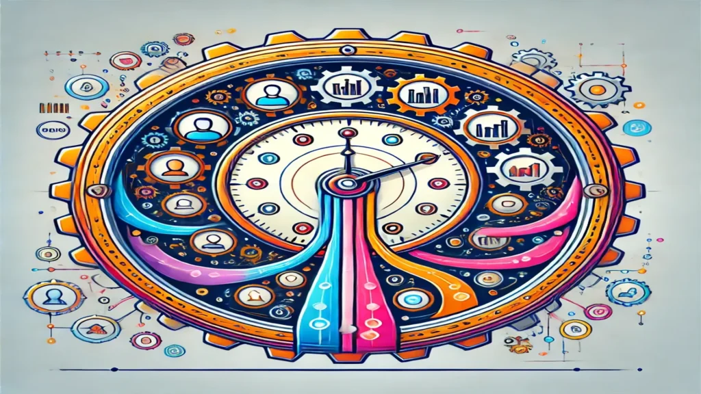 Ilustração de um relógio formado por engrenagens conectadas, simbolizando um CRM.