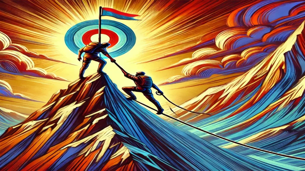 Ilustração vibrante de duas pessoas escalando uma montanha conectada por uma corda, simbolizando confiança e suporte mútuo. No topo, um alvo brilhante representa o objetivo compartilhado, com núcleos vivos destacando a importância de trabalhar em conjunto para alcançar metas. Simbolizando as metas de acompanhamento para vender mais