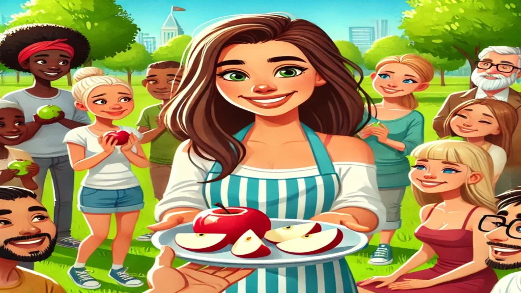 Uma mulher oferecendo fatias de maçã para um grupo diverso de pessoas em um parque radiante, simbolizando a partilha de valores e a importância do acompanhamento para aumentar as vendas.