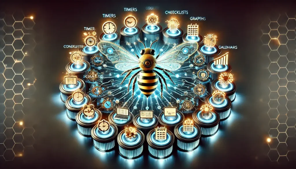 Ilustração de uma colmeia futurista simbolizando como estruturar processos com o chatgpt:, com o ChatGPT atuando como a 'abelha rainha', coordenando robôs-abelhas