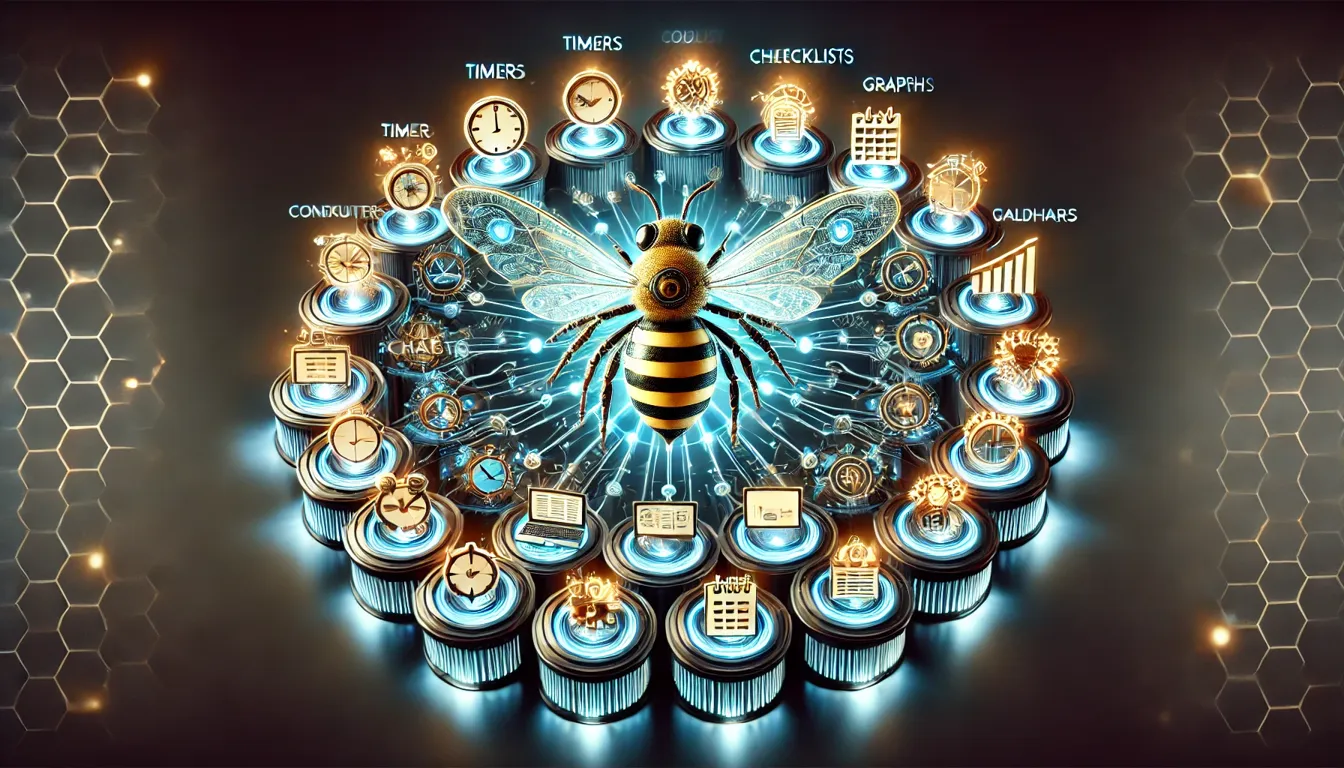 Ilustração de uma colmeia futurista simbolizando como estruturar processos com o chatgpt:, com o ChatGPT atuando como a 'abelha rainha', coordenando robôs-abelhas