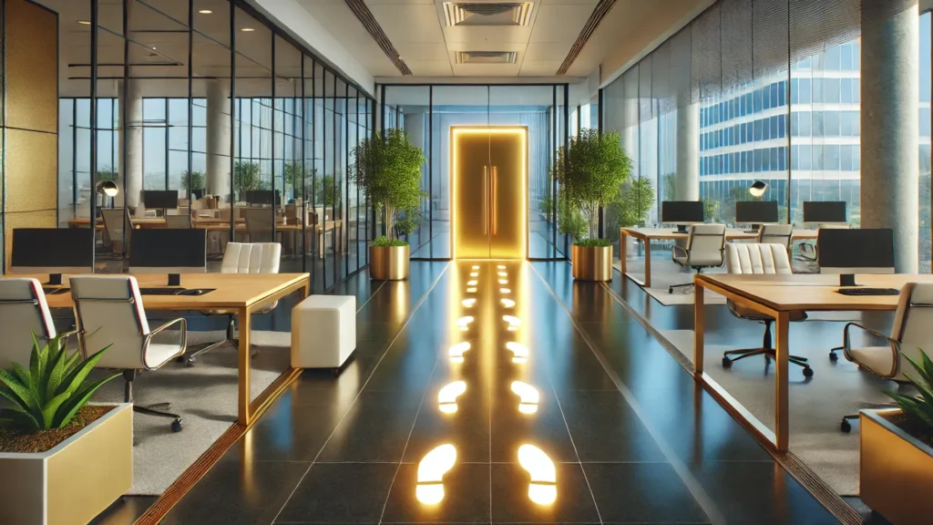 Marcas de passos iluminados guiando até uma porta dourada em um escritório moderno, simbolizando os 7 passos para implementar estratégias de marketing de conteúdo para escritórios de propriedade intelectual.