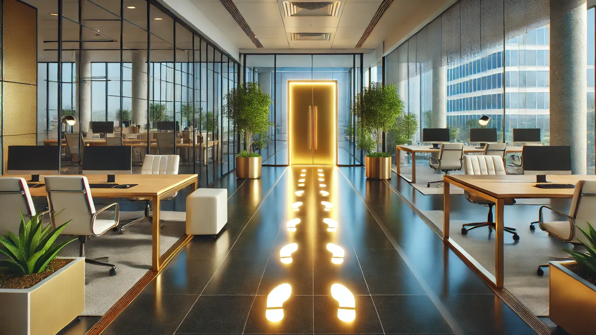 Marcas de passos iluminados guiando até uma porta dourada em um escritório moderno, simbolizando os 7 passos para implementar estratégias de marketing de conteúdo para escritórios de propriedade intelectual.