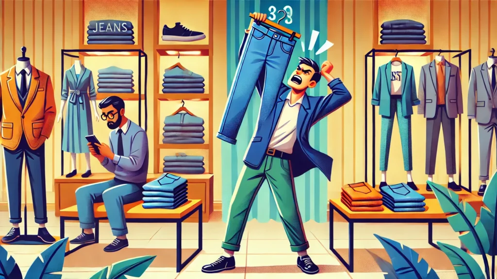 Ilustração em estilo cartoon de uma loja de roupas moderna, onde um cliente frustrado seguramente uma calça jeans e gesticula desesperadamente, tentando chamar a atenção de um vendedor distraído, que está absorto no celular. Simbolizando o acompanhamento para vender mais