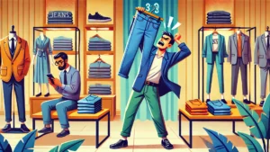 Ilustração em estilo cartoon de uma loja de roupas moderna, onde um cliente frustrado seguramente uma calça jeans e gesticula desesperadamente, tentando chamar a atenção de um vendedor distraído, que está absorto no celular. Simbolizando o acompanhamento para vender mais