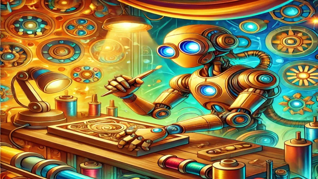 Robô artesão em um ambiente colorido e vibrante, representando a automação de processos, destacando a criatividade e ao personalizar estratégias