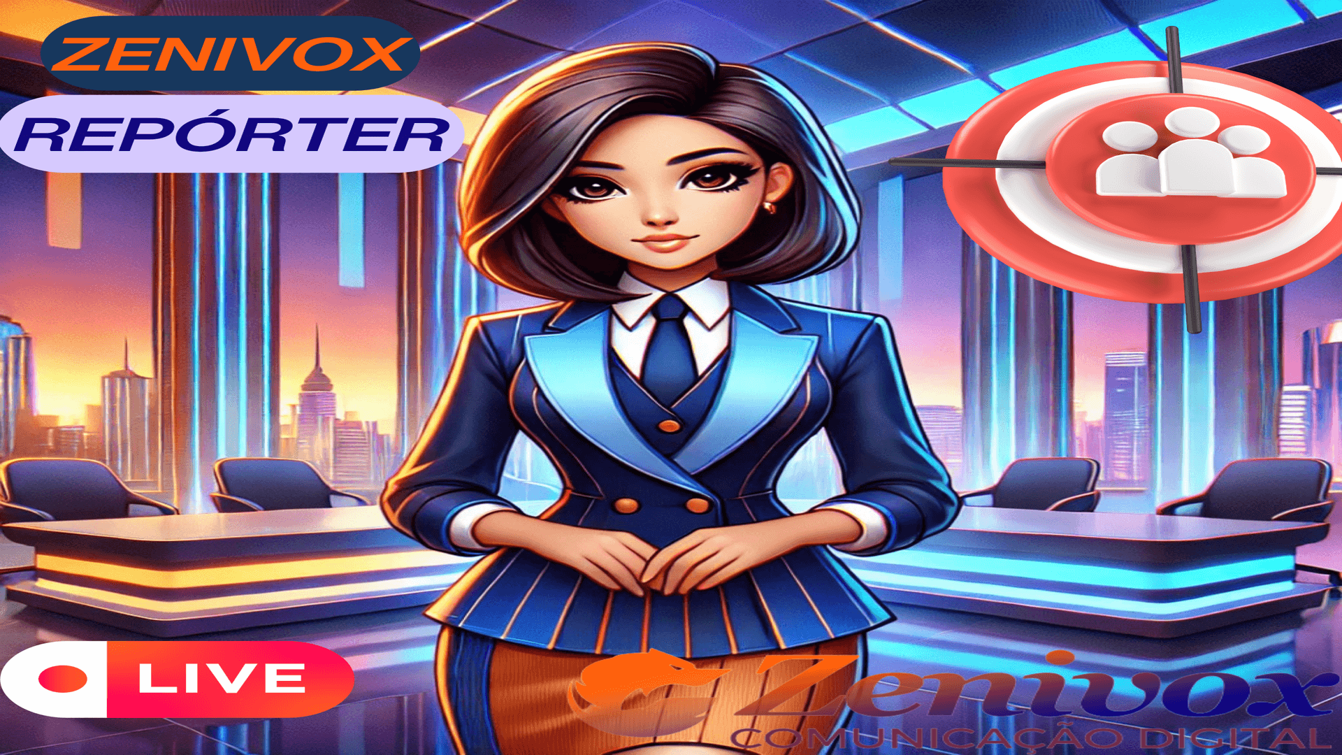 Imagem de uma apresentação cartunesca em um estúdio futurista com tons vibrantes de azul, laranja e roxo. Ela veste um traje formal azul com detalhes modernos, transmitindo profissionalismo. Simbolizando em forma de reportagem: Como entender melhor seu público-alvo e suas necessidades.